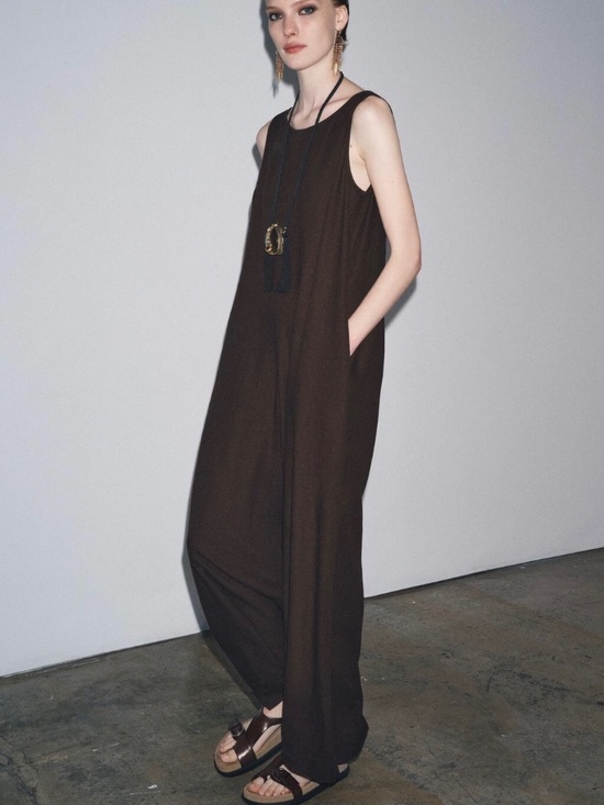 Zara Pants - Zara Long Linen Jumpsuit Open back Sleeveless Brown Round Neckline Baggy